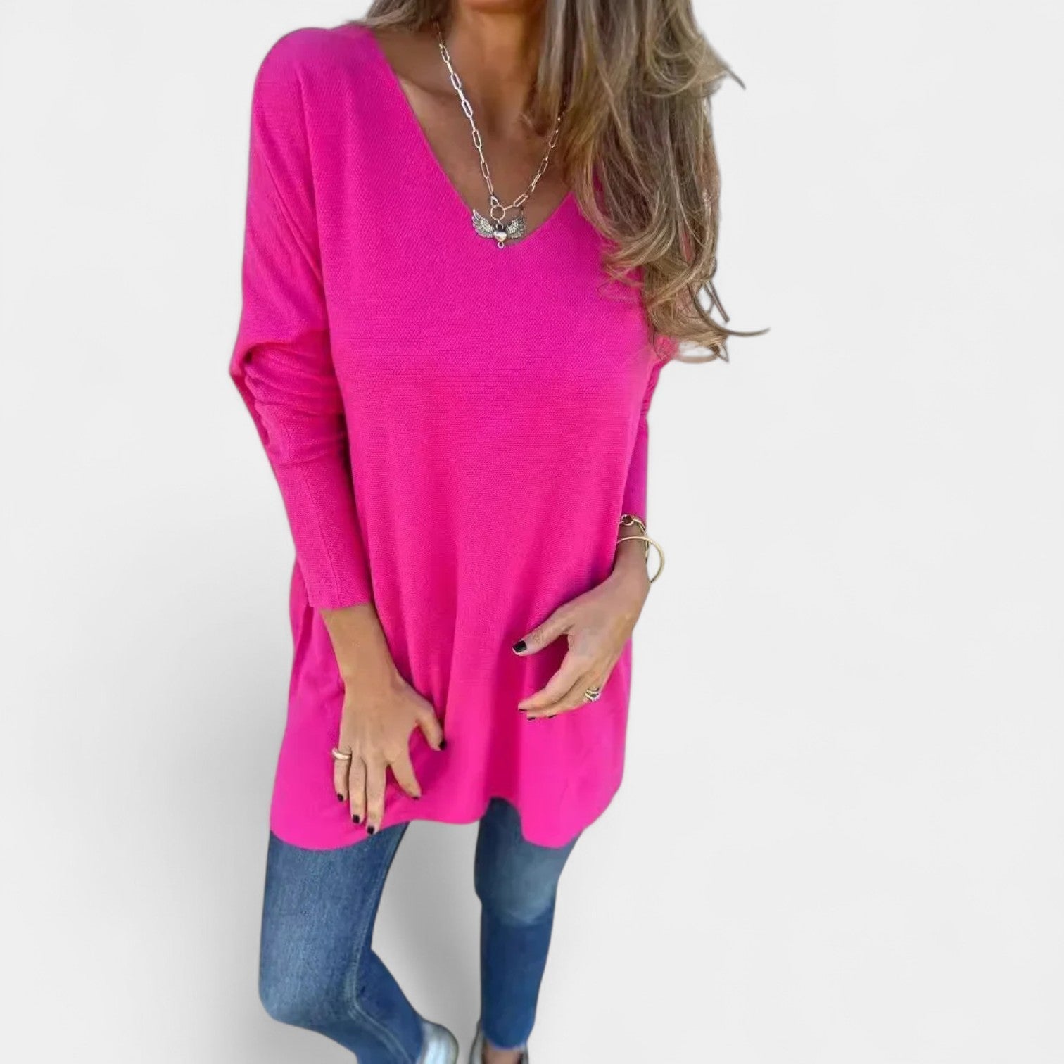 Leontýna – Ohlapna pletena tunika z V-izrezom