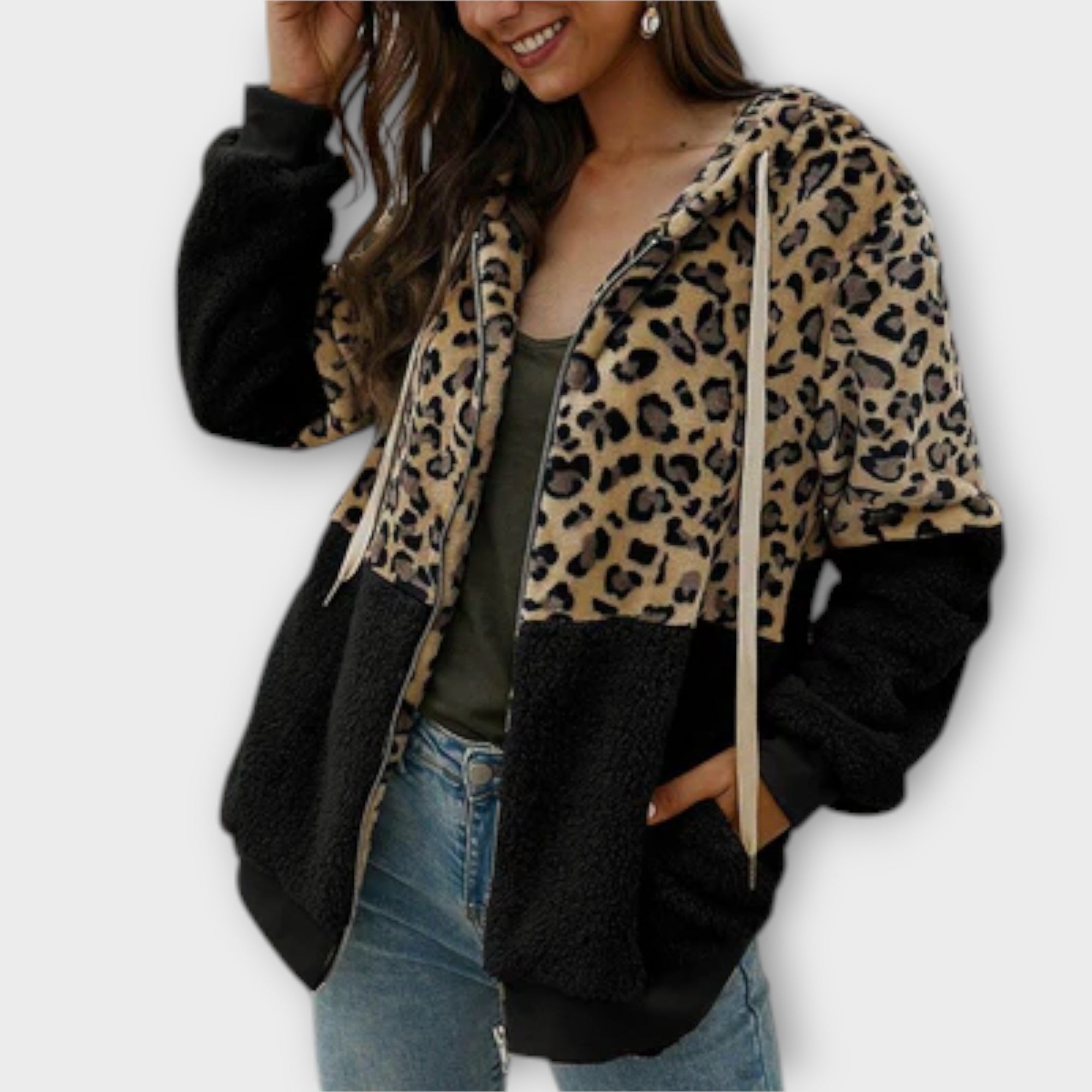 Lea - Fleece mikina s kapuco in leopardjim dizajnom